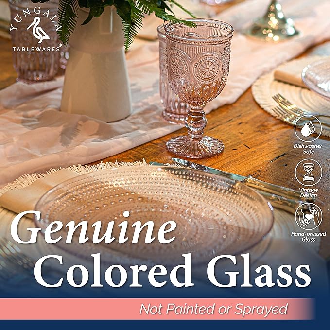 Yungala Pink Wine Glasses, set of 6 pink goblets handcrafted from pink glass (not painted or coated) ensuring your glassware is dishwasher safe and the color won't peel or chip.