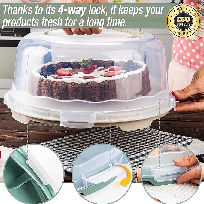 13 Inch Cake Carrier with Locking Lid and Handle, Stylish Big Round Container for Kitchen Storage, BPA Free Stand, Plastic Holder for Transporting, Donuts, Cupcakes, Pies (2 Colors Set, 13 in)