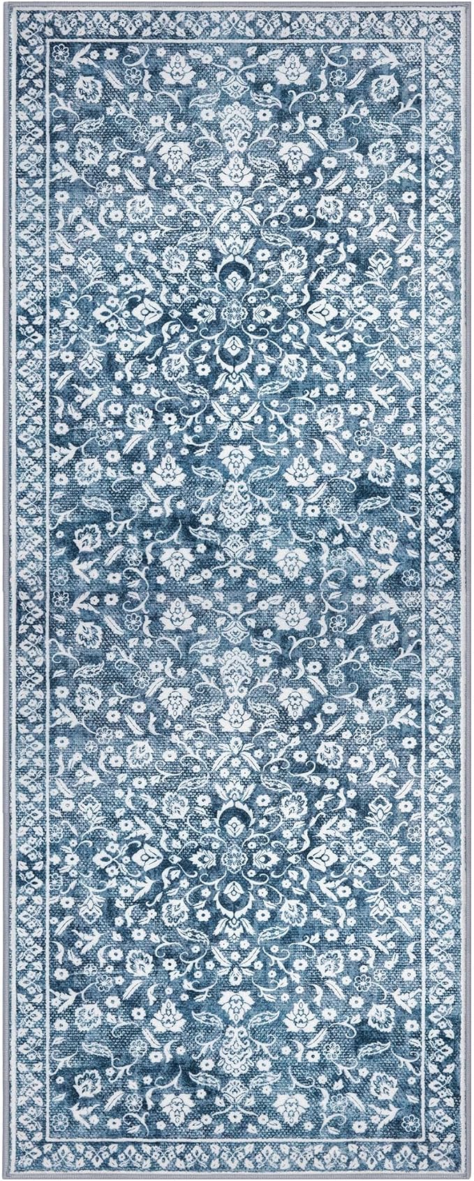 Vintage Washable 2x5 Rug, Blue and White Hallway Runner, Super Soft Non-Slip Kitchen Runner, Print Faux Wool Floral Thin Carpet for Entryway & Bedside