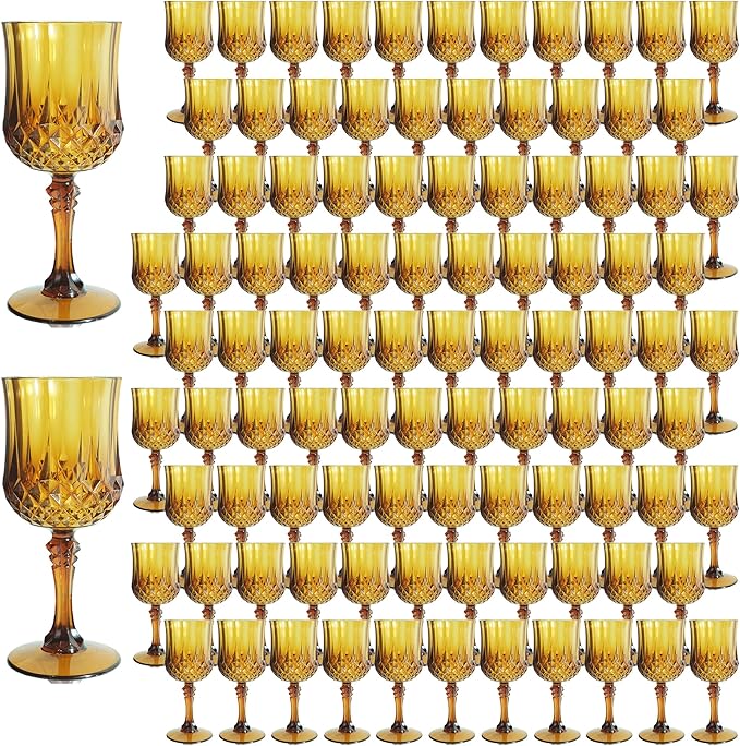 Plastic Wine Glasses,100PCS Amber Plastic Goblets Vintage Style Cordial Drinking Glasses for Wedding Reception, Grand Event Party Supplies (100, Amber)