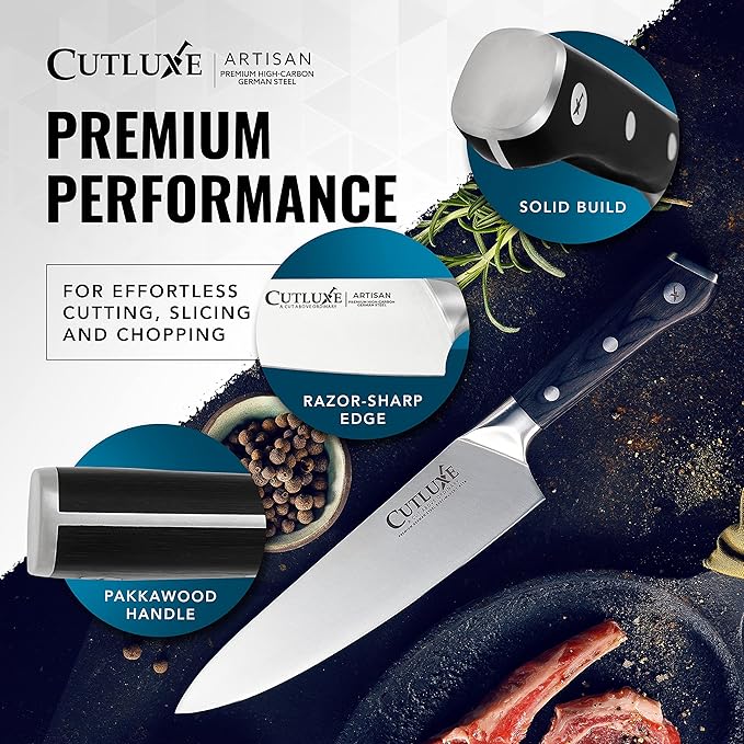 Cutluxe Chef Knife – 8" Kitchen Knife, German High Carbon Steel, Full Tang, Ergonomic Handle Design, Sheath Included – Artisan Series
