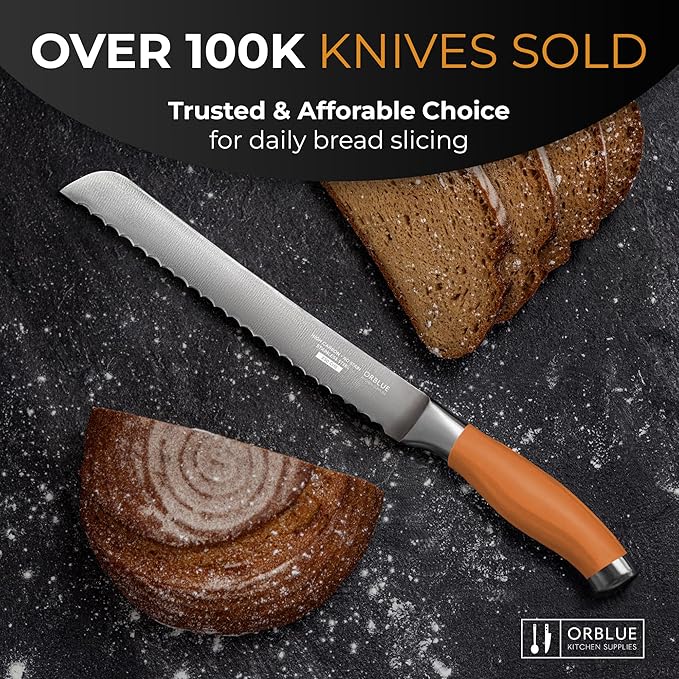 Orblue Serrated Bread Knife with Upgraded Stainless Steel Razor Sharp Wavy Edge Width - Bread Cutter Ideal for Slicing Homemade Bread, Bagels, Cake (8-Inch Blade with 5-Inch Handle) Orange