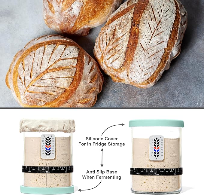 Premium Sourdough Starter Jar - 40oz Large Sourdough Jar with Marked Feeding Band, Thermometer, Scraper, Cloth Cover and Silicone Lid/Base, Wide Mouth Starter Kit - Mint