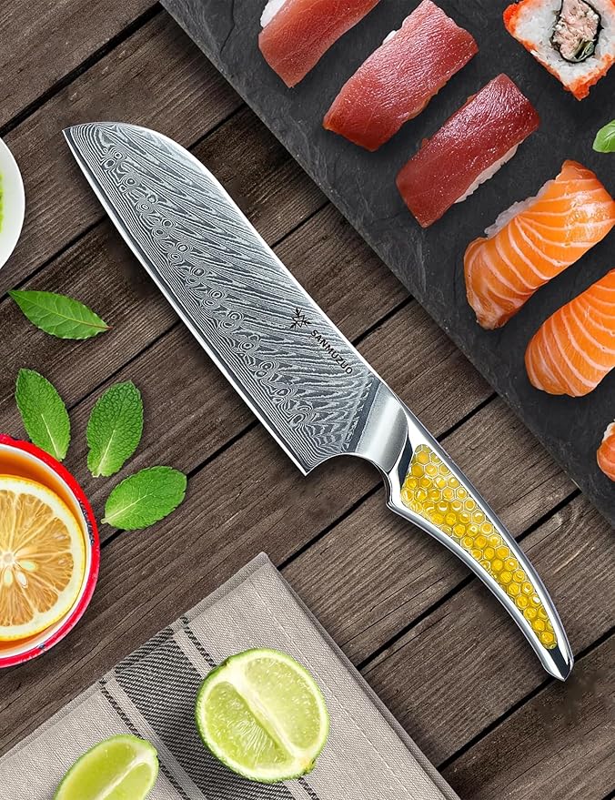 7 inch Santoku Knife, Japanese VG-10 Damascus Steel Chef Knife, Ultra Sharp Kitchen Knife with Full-tang Handle in Yellow Resin, LA-S9 Series