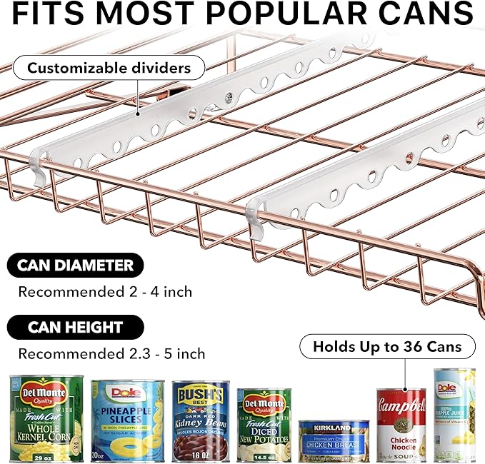 SIMPLE HOUSEWARE Stackable Can Organizer Rack for Pantry/Cabinet – 11.5" D x 17" W x 13.75" H, Holds 36 Cans, 3-Tier Can Food Storage Dispenser, Rose Gold