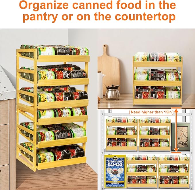 MinBoo Bamboo Can Organizer for Pantry - Stackable Can Rack for 36 Cans, Canned Food Storage, Pantry Shelf, Kitchen Cabinet or Countertop