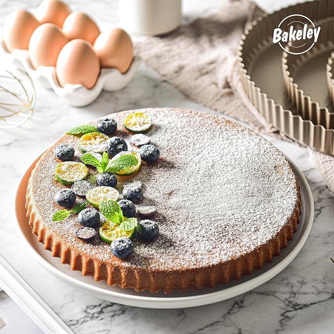 Tart Pan Set, 3 Nonstick Round Quiche Pan, 12 Inch, 10 Inch, 8 Inch Fruit Tart Pan, Flueted Pie Pan Solid Bottom (Champagne Gold)