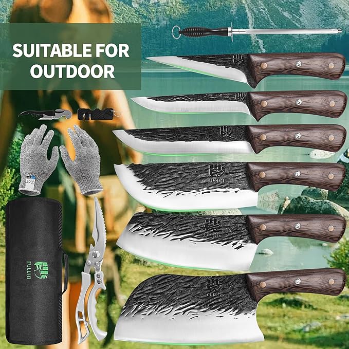 FULLHI Butcher Knife Set with Kitchen Shears, Hand Forged Chef Boning Knife With Scissors High Carbon Steel Chef Knife For Kitchen, Camping, BBQ