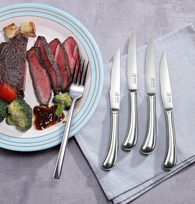 Steak Knives Set of 6 - High Carbon Stainless Steel, Dishwasher Safe - Polished Shiny Blade & Handle, Serrated Edge - Kitchen Table Knife Set, 4.5’’ Dinner Knife Non Straight