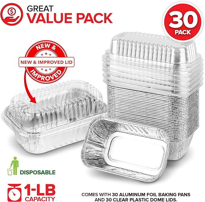 Stock Your Home Disposable Aluminum Mini Loaf Pans with Lids, 1 lb (30 Pack) New & Improved Plastic Dome Lid Foil Baking Tins, Tin Pans for Cake, Bread, Holiday Baked Goods Packaging