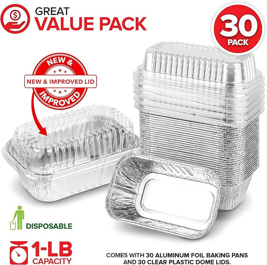 Stock Your Home Disposable Aluminum Mini Loaf Pans with Lids, 1 lb (30 Pack) New & Improved Plastic Dome Lid Foil Baking Tins, Tin Pans for Cake, Bread, Holiday Baked Goods Packaging