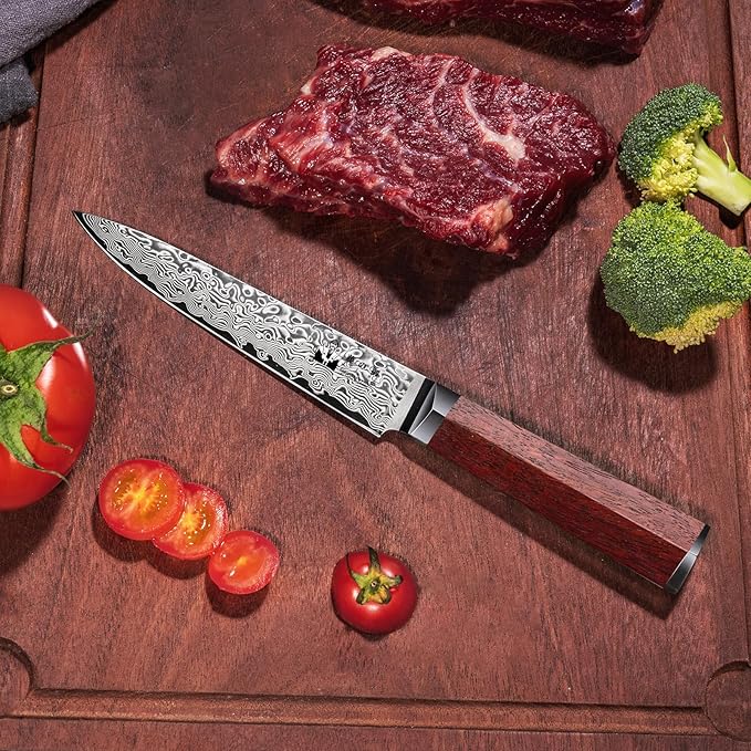 Kitchen Utility Knife 5 inch Damascus Small Chef Knife 67-Layer Damascus VG10 Steel Ultra Sharp Professional Paring Knife with Hexagon Natural Wood Handle