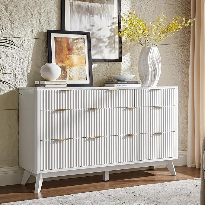 T4TREAM Fluted 7 Drawers Dresser, 54" Wide Modern Chest of Drawers with Faux Marble Top, Curved Profile Design, Dresser TV Stand, Wood Drawer Organizer for Bedroom, Living Room, Hallway, Solid White