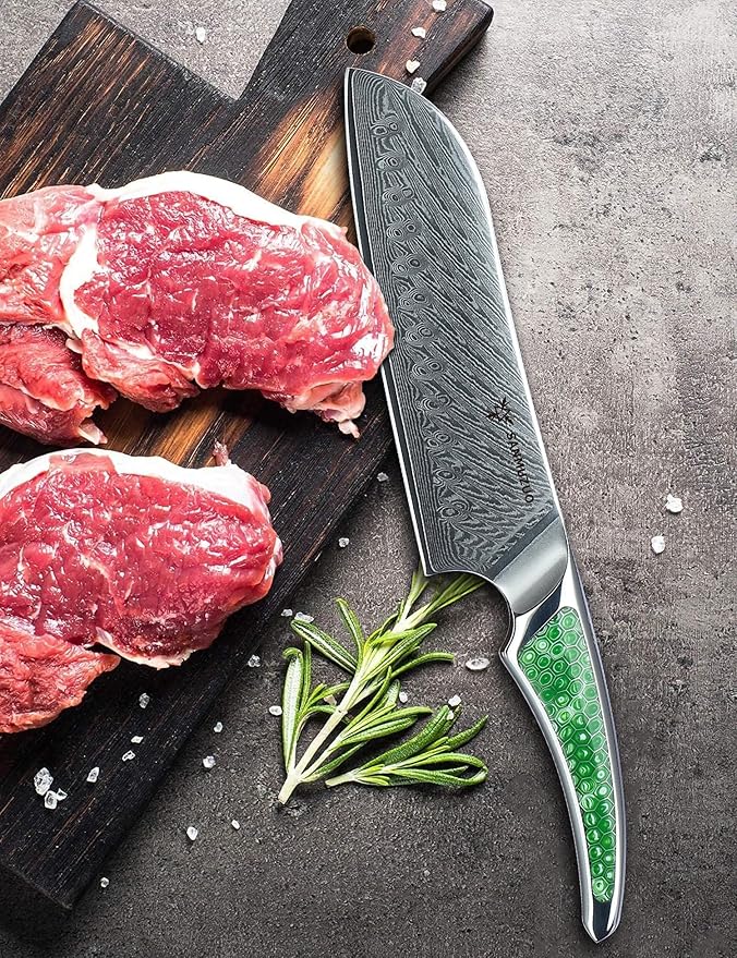 7 inch Santoku Knife, Japanese VG-10 Damascus Steel Chef Knife, Ultra Sharp Kitchen Knife with Full-tang Handle in Green Resin, LA-S9 Series