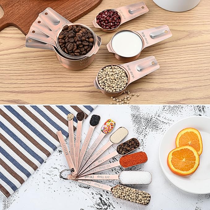 Copper Measuring Cups and Spoons Set 17, 7 Stainless Steel Measuring Cups&9 Long Hanlde Narrow Measuring Spoons for Spice Jar&Leveler, Kitchen Metric&US Measure Cup Spoons for Dry and Liquid