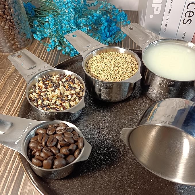 Measuring Cups Set, 18/8 Stainless Steel Measuring Cups Set of 7 for Drying & Liquid, Metric & US Nesting Measuring Tools for Kitchen & Baking