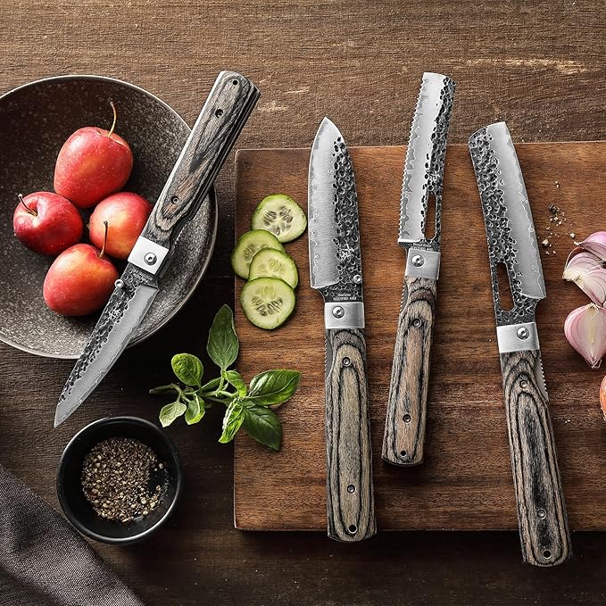 SENBON Forged 440A Stainless Steel Gift Packaging 4-piece Set Sharp Pocket Folding Chef Knife Universal Peeling Knife Bread Set Natural Olive Handle Portable Kitchen Knife