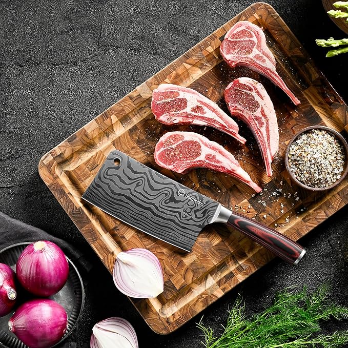 Sunnecko 7 Inch Cleaver Knife, High Carbon Stainless Steel Chinese Cleaver with Wooden Handle,Razor Sharp Meat Cleaver for Home and Kitchen