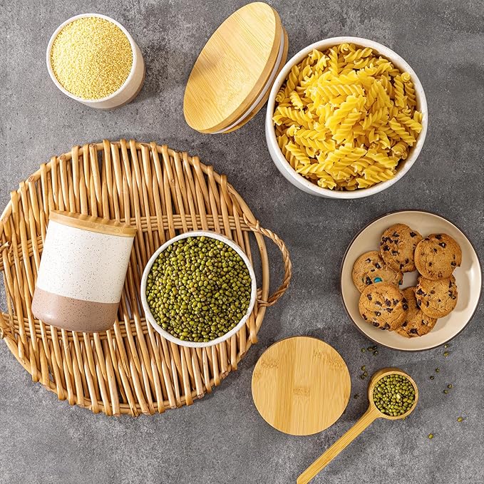 Yangbaga Canister Sets for Kitchen Counter, 20 OZ Large Ceramic Food Storage Jars with Airtight Wood Lids, Large Kitchen Canisters for Coffee, Sugar, Tea, Flour, Spice