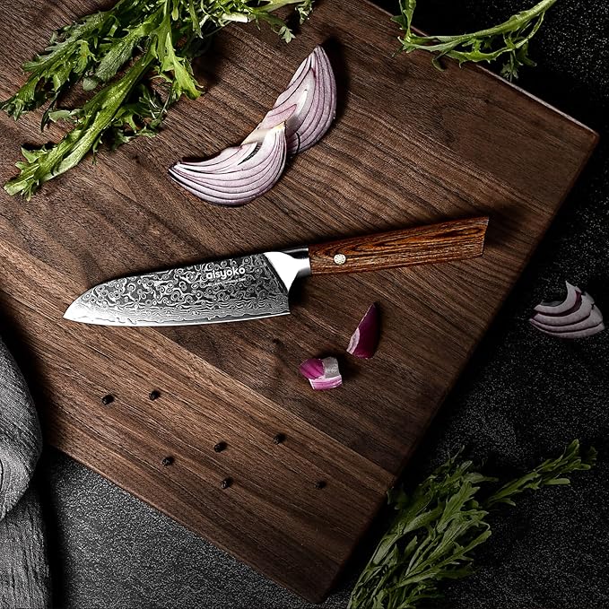 Santoku Knife 5 inches-Japan VG-10 Super Steel 67 Layer Damascus Steel-Sharp Kitchen Knife-Luxury Gift Box with Colored Wooden Handle-With Scabbard