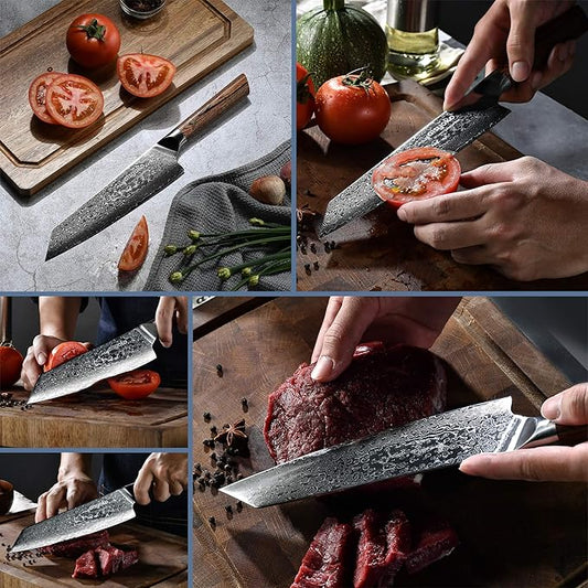 Chef Knife 8 Inch Damascus Japan VG-10 Super Stainless Steel Professional High Carbon Super Sharp Kitchen Cooking Knife, Ergonomic Color Wooden Handle Luxury Gift Box