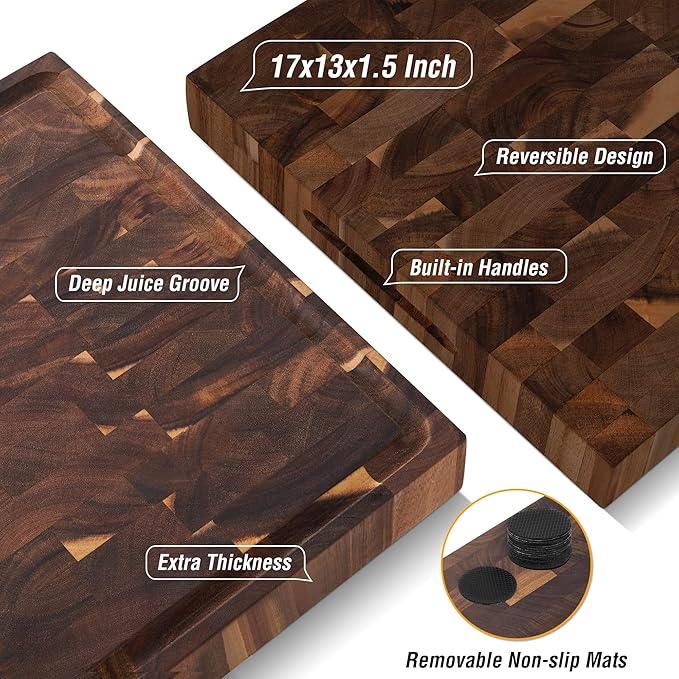 AZRHOM Large Thick End Grain Acacia Wood Butcher Block 17x13x1.5 in Wood Cutting Board for Kitchen with Non-slip Mats Juice Groove & Handles (Gift Box)
