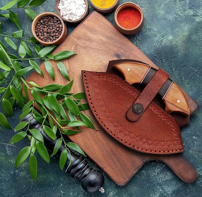 RC Knives Damascus Ulu Knife with Leather Sheath – Full Tang Handmade Alaskan ulu knives - Wooden Handle, Pizza Cutter & Salad Chopper, Meat and Herbs, Great for Outdoor Cooking and Gifts for Men