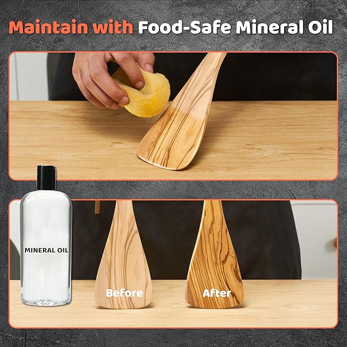 Olive Wood Cooking Utensils Set, 5 PCS Wooden Spoons for Cooking Includes Stainless/Wood Tong, Natural Non-Stick Wooden Utensils Set with Innovative Finger Groove & Non-Slip Notch Design