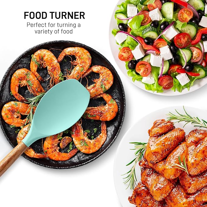 Zulay Kitchen Non-Stick Cooking Utensils Set with Authentic Acacia Wood Handles – 5-Piece Durable & Stylish Silicone Kitchen Utensils Set – Heat Resistant to 464°F – Aqua