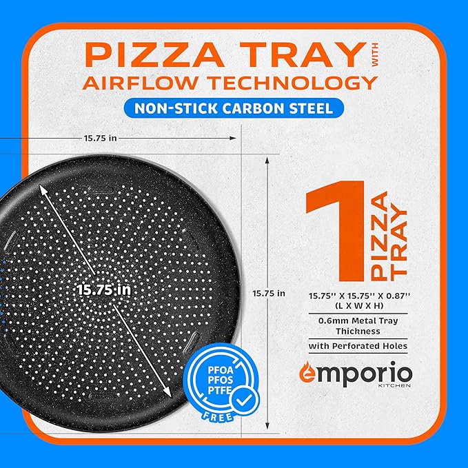 Pizza Baking Pan - 15.75-Inch Round Perforated Carbon Steel Tray with Non-Stick Gray Marble Coating, Airflow Design, Dishwasher & Oven Safe (Up to 450°F), PFOA, PFOS, PTFE-Free, Gray