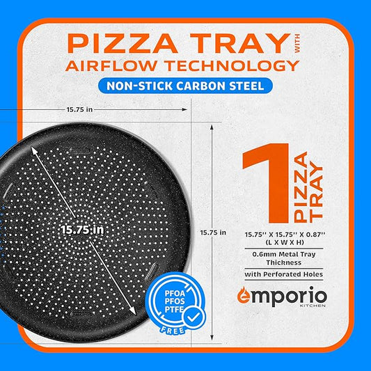 Pizza Baking Pan - 15.75-Inch Round Perforated Carbon Steel Tray with Non-Stick Gray Marble Coating, Airflow Design, Dishwasher & Oven Safe (Up to 450°F), PFOA, PFOS, PTFE-Free, Gray