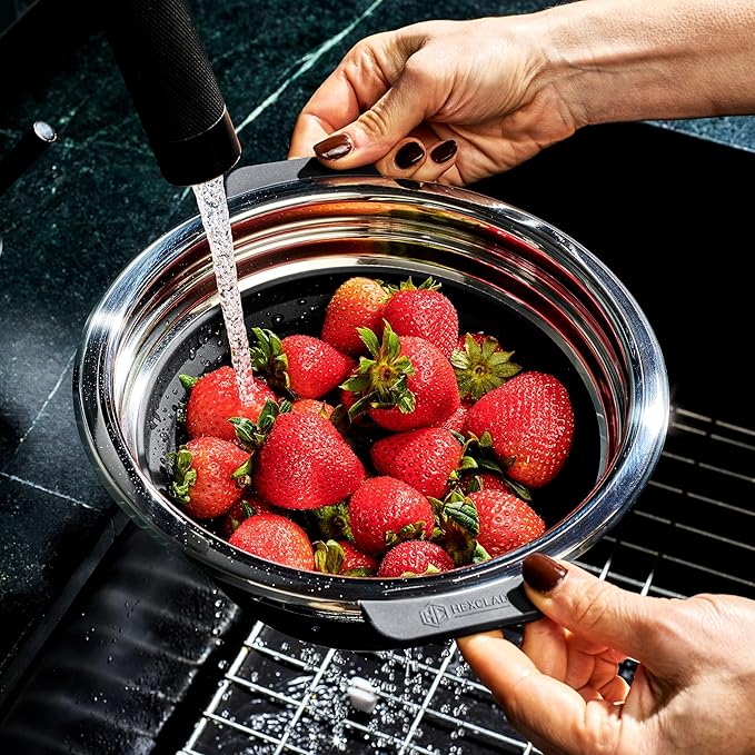 HexClad 2-Piece Steamer Basket Set for Steaming and Draining, Fits HexClad's 3 and 8Qt Pots, Dishwasher-Safe, Space-Saving Design, Heat-Safe to 425ºF, Non-Slip Handles, Silicone and Stainless Steel