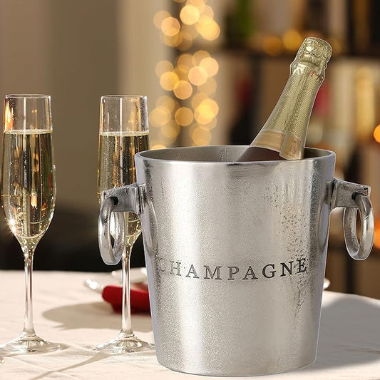 WHW Whole House Worlds Luxury Champagne Ice Bucket, Thick Gauge Walls, Handles, 7 Diameter, Handmade, Aluminum Nickel, Highly Polished, Silver Craft Finish