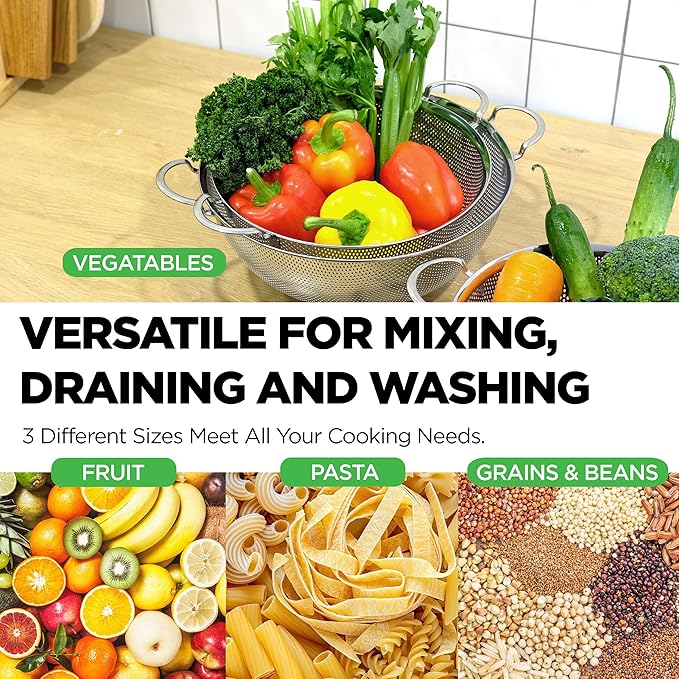 Premium 18/8 304 Stainless Steel Strainer Set of 3 with Handles, Micro-Perforated Colanders, 4-6-8 Quart Set, Self-Draining Solid Base for Pasta, Fruits, Vegetables, Made in Korea
