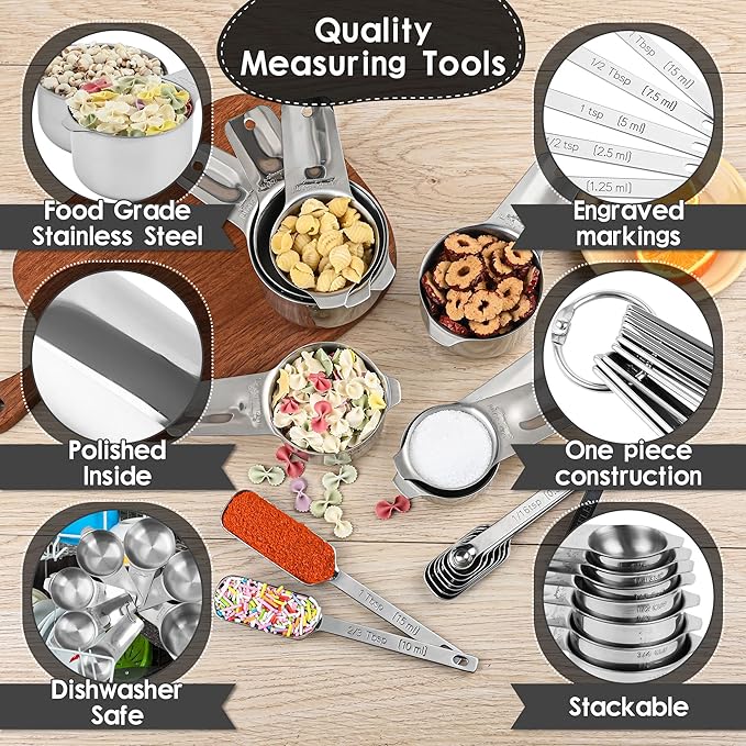 Measuring Cups Set 7, 18/8 Stainless Steel Measuring Cups for Kitchen & Baking, Metric & US Measure Cups for Dry and Liquid, Metal Measuring Tools with 1/8, 1/4, 1/3, 2/3, 3/4 Measure Cups