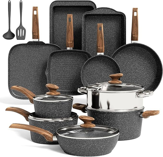 Kitchen Academy 17Pcs Pots and Pans Set Non Stick, Nonstick Kitchen Cookware Sets, Black Granite Induction Cookware, Non-toxic Healthy Nonstick Cooking Pans Set