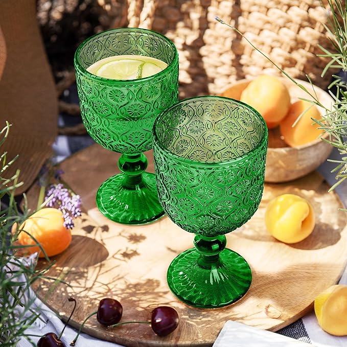 Joeyan Vintage Green Glass Wine Goblet,Embossed Floral Stemmed Wine Glasses,Colored Drinking Cups,Heavy-Duty Glassware for Wedding Party Bar,12 oz,Set of 4,Dishwasher Safe