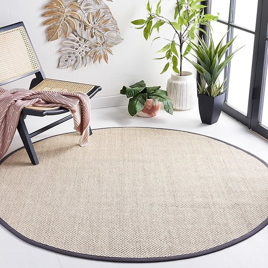 SAFAVIEH Area Rug 6' Round - Natural Fiber Collection - Marble & Dark Grey, Sisal, Woven Design with Border (NF143D)