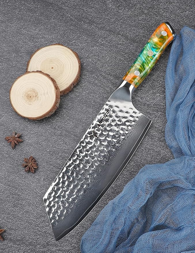 7.5" Nakiri Knife - Kitchen Vegetable Cleaver - Japanese Usuba Knife - Hammered Damascus Steel & Resin Handle - YAO Series