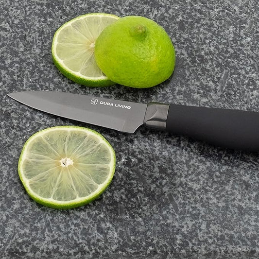 Paring Knife - 3.5 Inch Black Nonstick Titanium Plated Stainless Steel Ultra Sharp Blade, With Ergonomic Comfort Grip Handle Kitchen Knife, With Matching Sheath