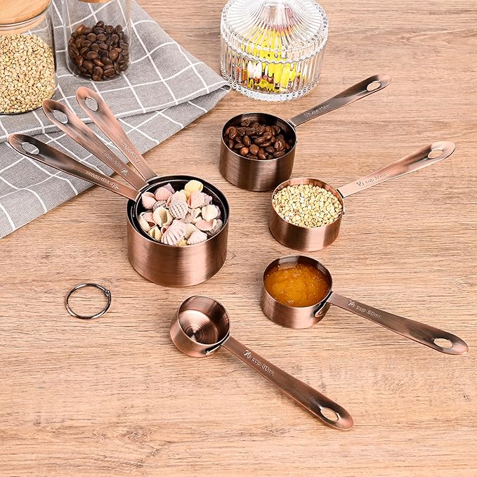 Copper Measuring Cups and Spoons Set of 18, 7 Copper Measuring Cups, 9 Copper Measuring Spoons, Stainless Steel Measuring Spoons and Cups for Dry & Wet Ingredients During Kitchen&Baking