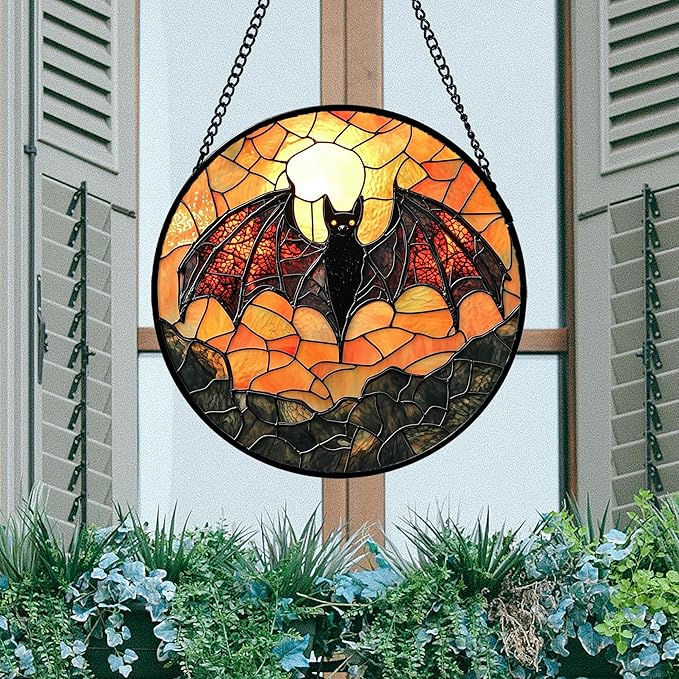 Stained Glass Window Hanging, Black Bat Sun Catcher for Door Home Decor Animal Suncatcher Christmas Mother's Day Birthday Gifts for Women Men Mom and Nana 15 in