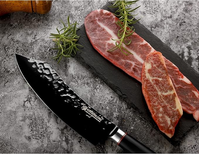 YOUSUNLONG Butcher Knife - 8 Inch Meat cleaver - Japanese AUS8 Black Titanium Nitride Coated Steel - Super Sharp - Natural Ebony Handle