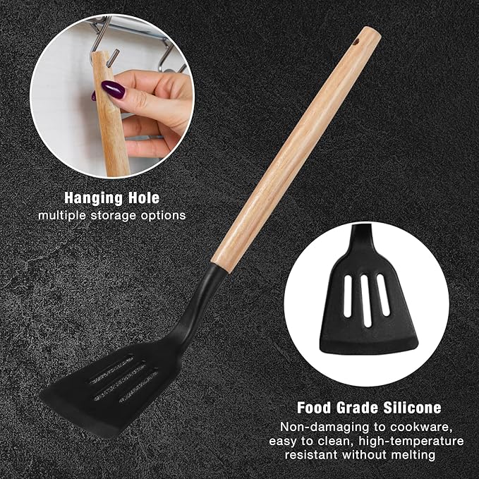 19 PCS Kitchen Cooking Utensils Set, 11 Pieces Silicone Cooking Utensils Set 6 Pieces Sharp Stainless Steel Black Knife Set with 1 Piece Cutting Board, Ideal for Apartment