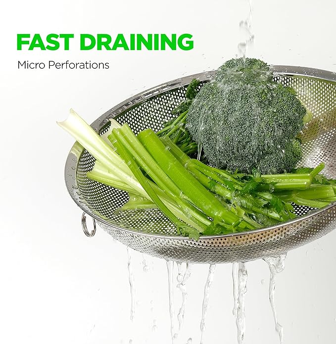 Premium 18/8 304 Stainless Steel Small Colander Set of 3, Comfortable Tray, Micro-Perforated Shallow Colanders 2-3-4 Quart Set, Self-Draining Solid Base for Pasta, Fruits, Vegetables