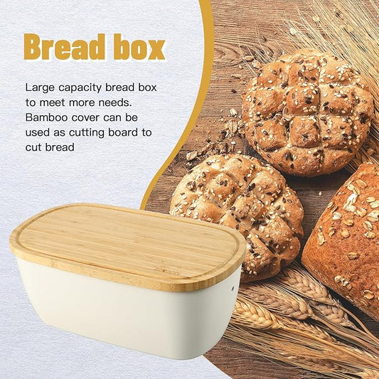 Bread Box for Kitchen Countertop - Bamboo Fiber Bread Bin with Reversible Cutting Board Lid, Juice Groove - Ventilated, Multi-Functional Storage Keeper for Freshness (14.2x7.8x5.5In, White)