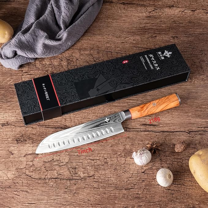 Damascus Santoku Knife 7 inch with VG10 Steel Olivewood Handle, Razor Sharp Kitchen Knife