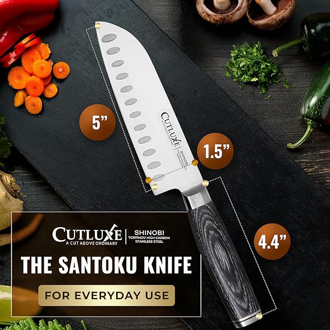 Cutluxe Santoku Knife – Ultra Sharp 5 Inch Vegetable Japanese Knife for Chopping, High Carbon Stainless Steel Blade, Full Tang Pakkawood Handle – Shinobi Series