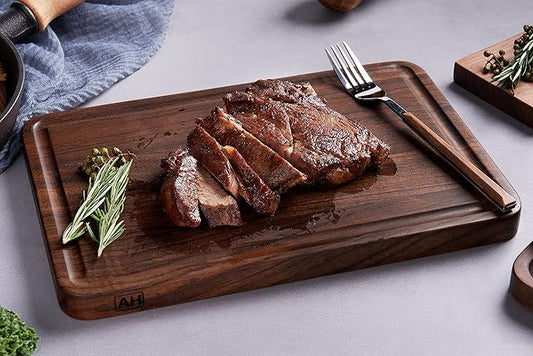AZRHOM Small Walnut Wood Cutting Board for Kitchen 12x8 in (Gift Box) with Juice Groove Handles Non-slip Mats Thick Reversible Butcher Block Chopping Board