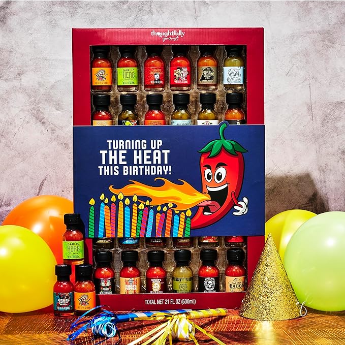 Thoughtfully Gourmet Birthday Hot Sauce Sampler Gift Set, 30-Pack with Flavors Like Garlic Herb & Apple Whiskey, Gift Wrapped for Birthdays